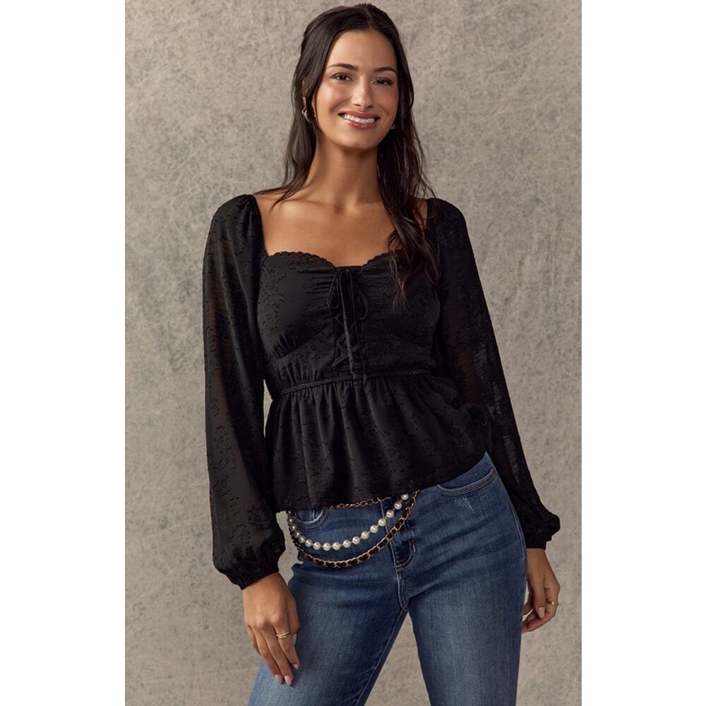 Francesca’s Hillary Lace Corset Long Sleeve Peplum Black Blouse NWT Sz S